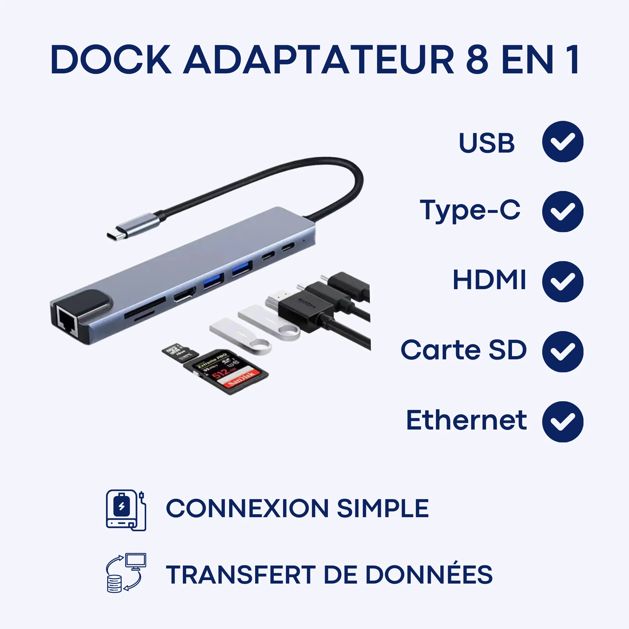 DOCK Adaptateur 8-en-1 – Un Seul Port pour 8 Connexions Essentielles