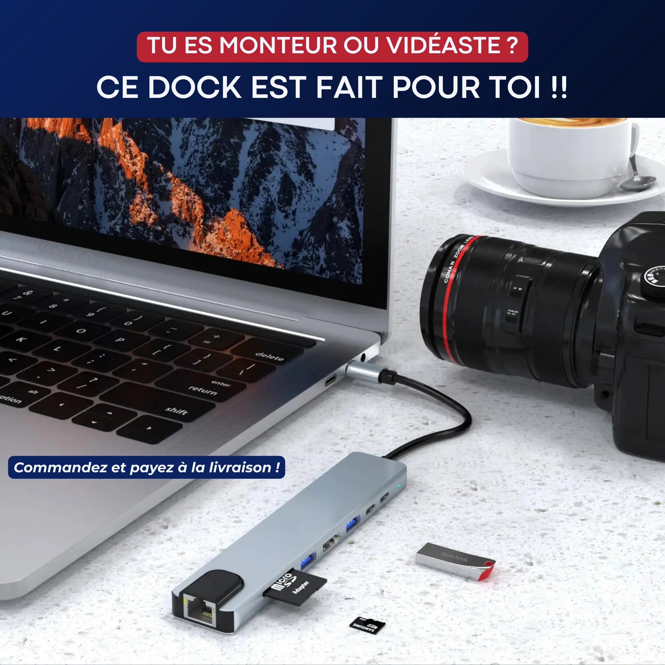 DOCK Adaptateur 8-en-1 – Un Seul Port pour 8 Connexions Essentielles