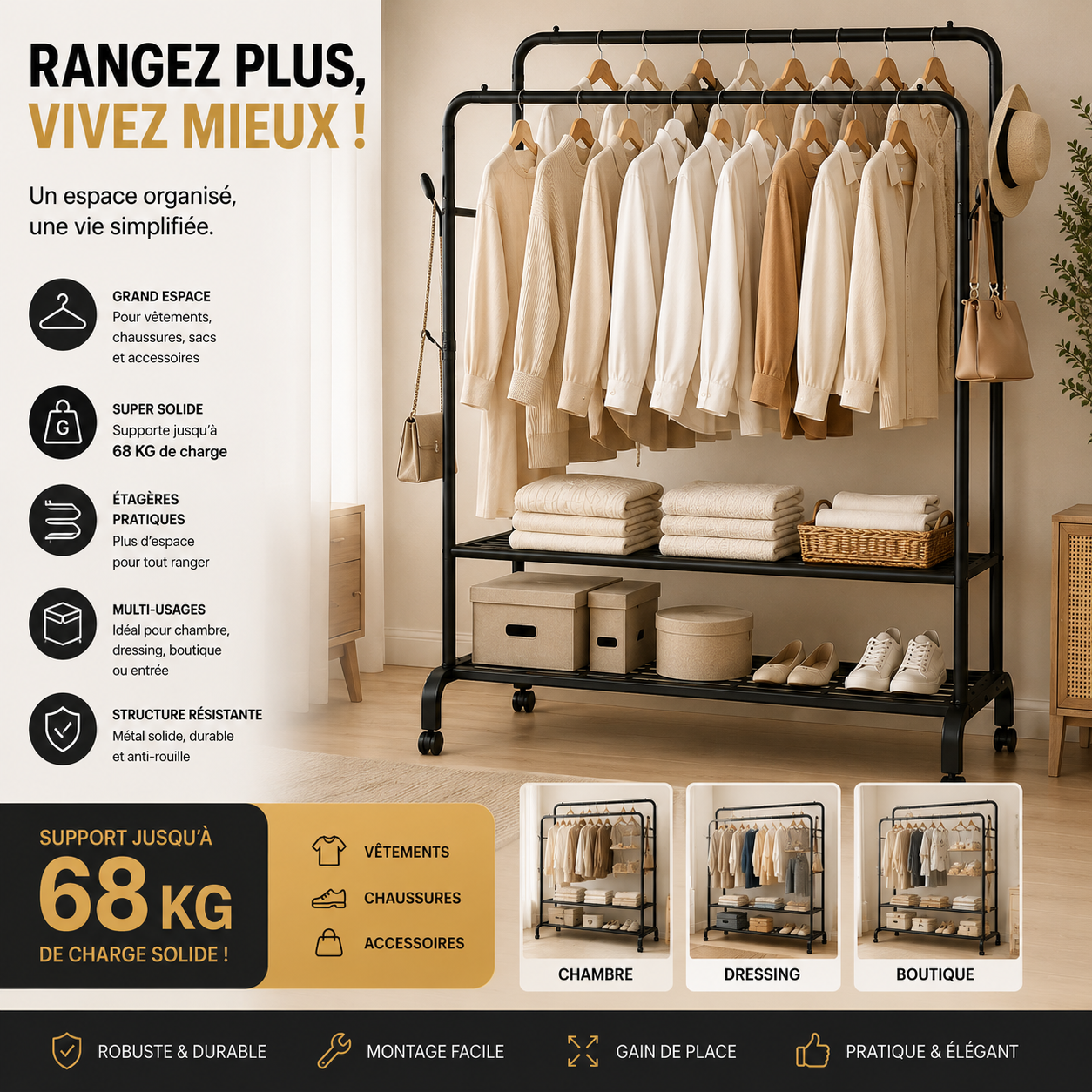 Porte-vêtements Avec étagères Fer inoxydable 68kg de Charge Solide