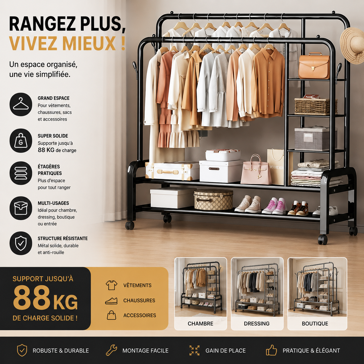Porte-vêtements Avec étagères Fer inoxydable (88kg de Charge) Solide civ