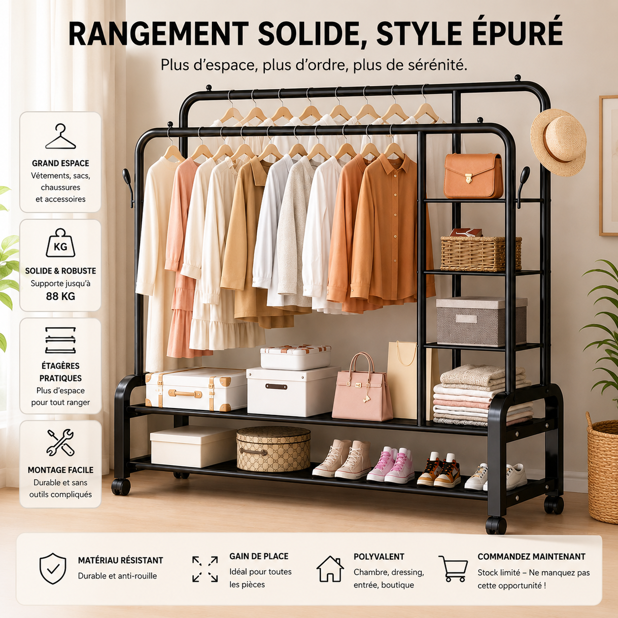 Porte-vêtements Avec étagères Fer inoxydable (88kg de Charge) Solide civ