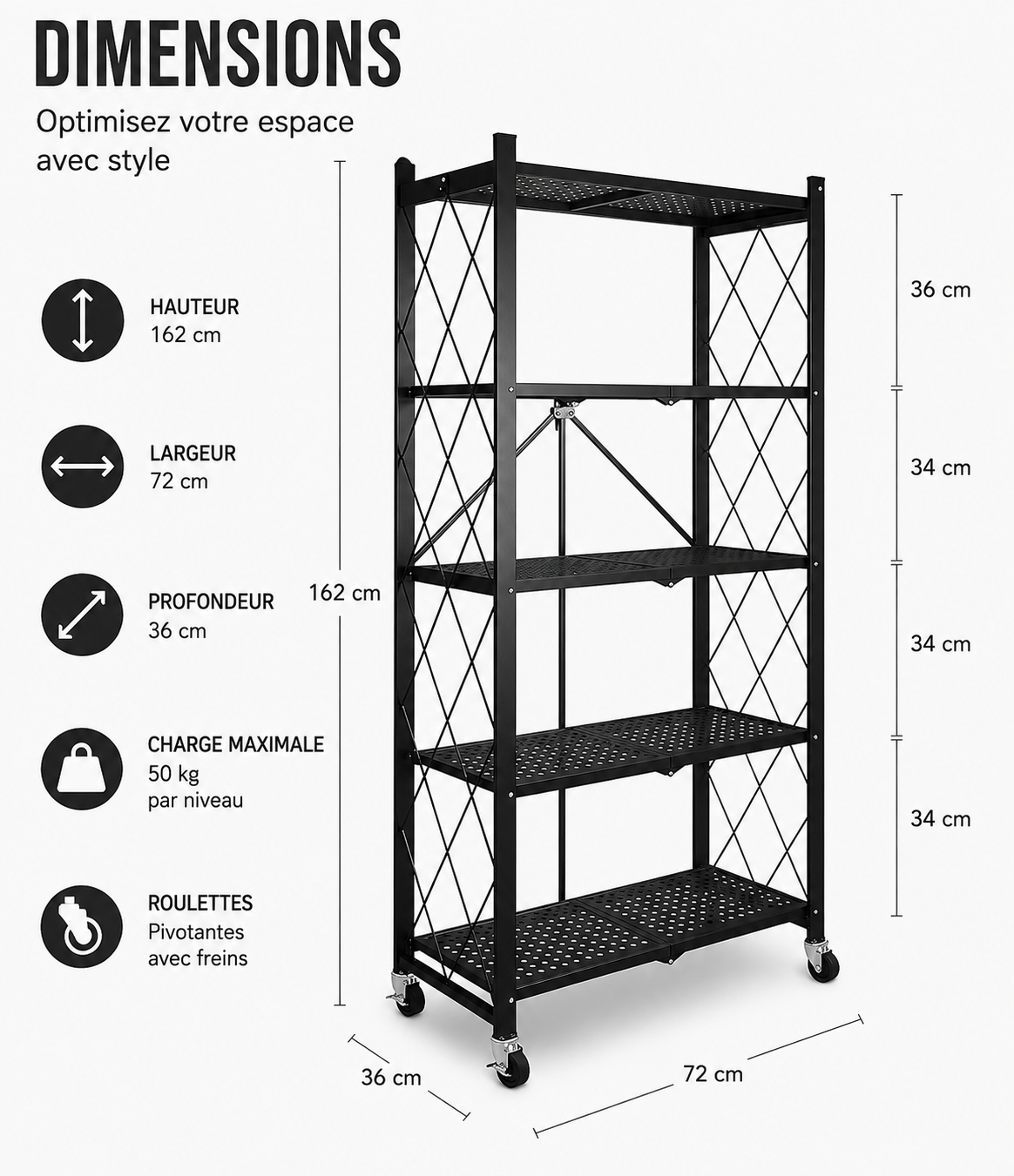 Étagère Pliable 5 Niveaux  Rangement Mobile Anti-Encombrement