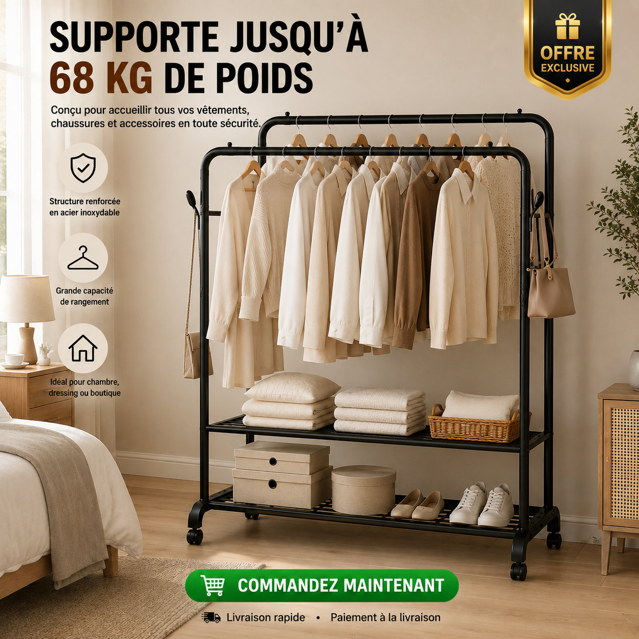 Porte-vêtements Avec étagères Fer inoxydable 68kg de Charge Solide