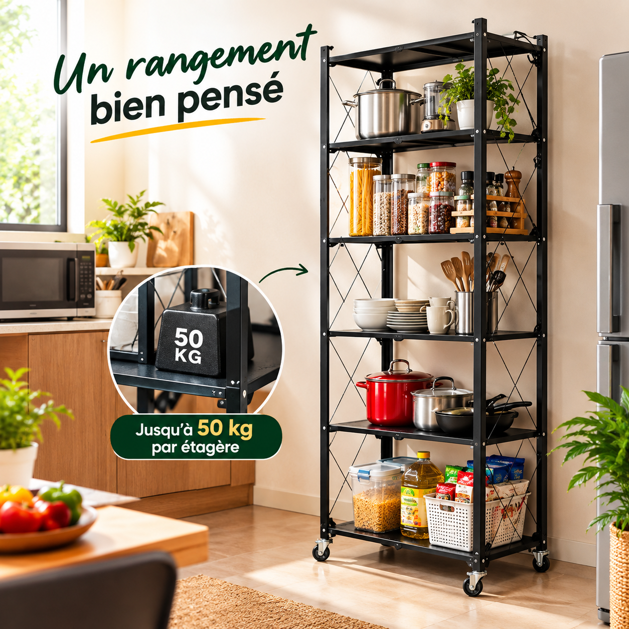 Étagère Pliable 5 Niveaux  Rangement Mobile Anti-Encombrement